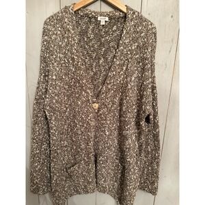 Pure Jill Sweater Lg Taupe Speckled Cotton One Button Longer Comfy Cardigan